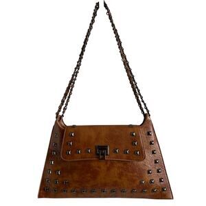 Punk Street Fashion Rivet Chain Solid Vegan Brown Leather Shoulder Crossbody Bag